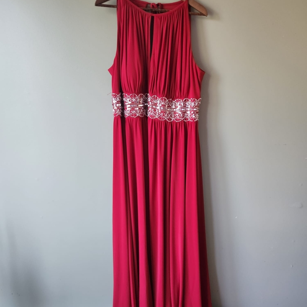 R & M Richards Red Maxi Dress with Silver Accents